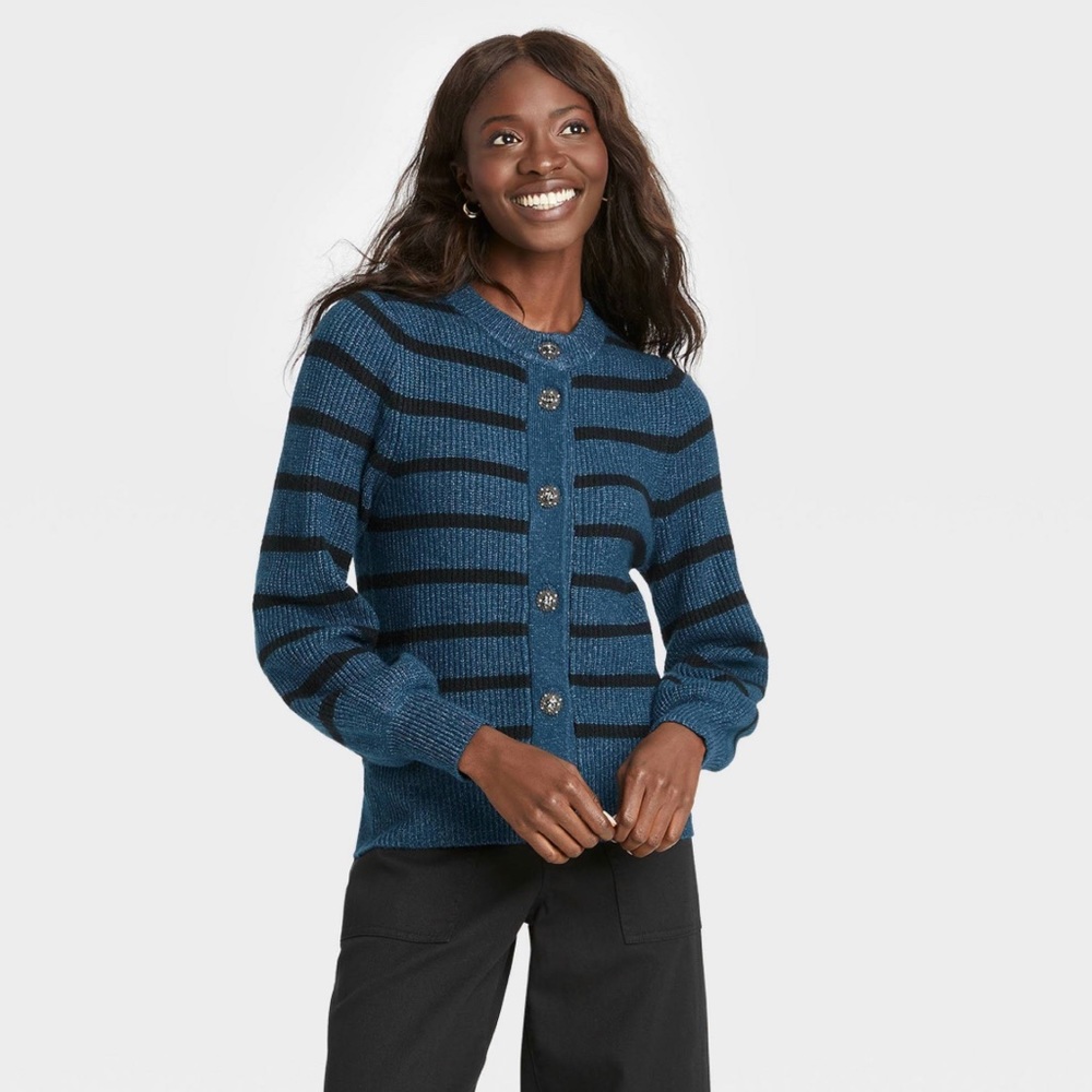NWT Who What Wear Gem Button Black, Blue Stripe Cardigan Crew Neck New